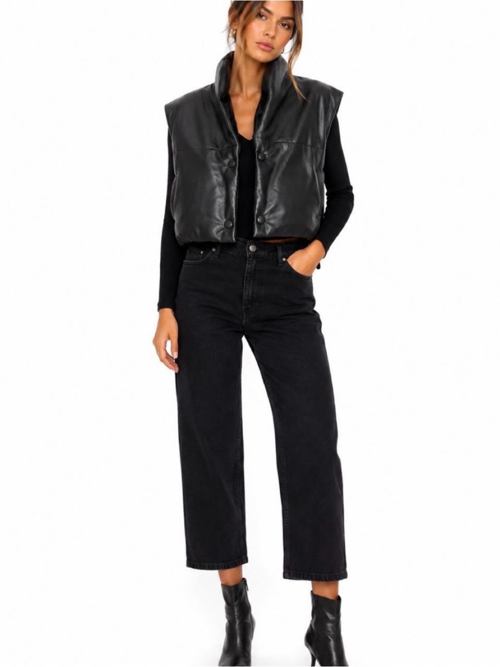 Elan Black Faux Leather Puffer Vest with High Collar